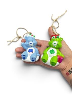 Vintage 2005 Care Bears Christmas Ornaments Pair Grumpy Bear Good Luck Bear 3”